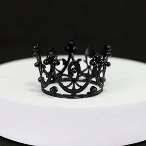 Gothic black round crown tiara with intricate镂空patterns and dark beaded detailing