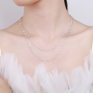 Sparkling double layered 925 sterling silver geometric chain necklace for women