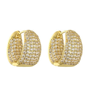 Luxurious gold-plated drop hoop earrings with pave-set sparkling zircon stones on white base