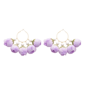 Bohemian style purple fabric rose earrings with white pearls on golden metal hoops