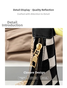 Close-up of black and white checkered bag with gold zipper and chain strap detail