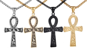 Detail of four Egyptian Ankh cross necklaces in gold, silver, and black finishes
