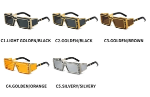Detailed display of vintage square sunglasses in five colors from gold black to silver