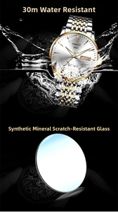 Close-up of dual-tone steel watch showing 30M water resistance and scratch-resistant glass