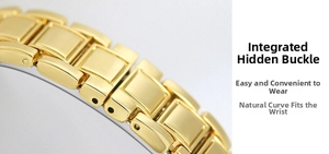 Detailed macro view of polished gold watch strap with multi-link design and hidden clasp