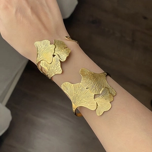Ginkgo Leaf Open Cuff Bracelet Stainless Steel Layered Leaf Texture Adjustable Bangle Elegant Nature Inspired Jewelry For Women