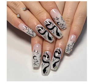 Detail of coffin nails featuring black snake art, stars, moons and colorful rhinestones