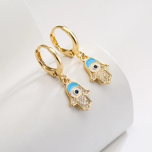 Vintage 18K gold plated Hamsa Hand earrings with blue enamel and sparkling zircon accents