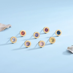 Titanium Steel Stud Earrings With Round Colorful Zircon And Roman Numeral Details Minimalist Retro Jewelry For Women