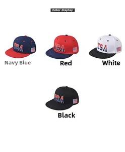 Matrix color display of USA embroidered snapback hats in navy, red, white, and black