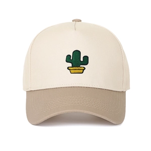 Casquette baseball 5 pans bicolore avec broderie cactus sur toile beige et kaki