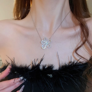 Exquisite silver necklace featuring a sparkling five-petal flower pendant on a model neck