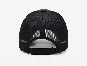 Detail view of the breathable black mesh fabric and adjustable velcro strap on the sport cap