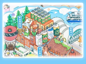 Detail of 3D miniature city sticker featuring Tsingtao Beer Museum and landmarks