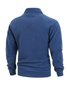 Detail view of navy blue coral fleece pullover back with raglan sleeve stitching