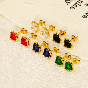 Square Cubic Zirconia Stud Earrings 18K Gold Plated Stainless Steel Four Claw Geometric Jewelry For Women Men