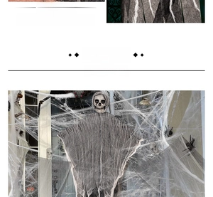 Detailed close-up of a Halloween hanging skull ghost with cobwebs and black spider