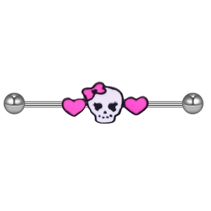 Detail of silver stainless steel industrial barbell featuring a skull and pink hearts