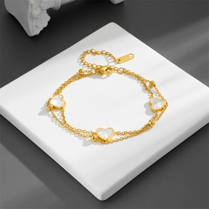 Titanium steel gold double-layer bracelet with heart-shaped white mother of pearl inlay