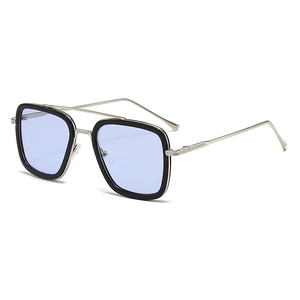 Classic square frame superhero sunglasses with blue lenses and metal double bridge design