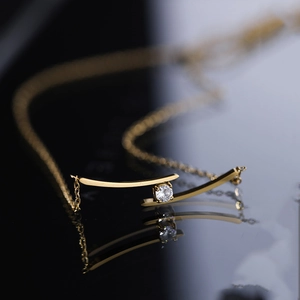Minimalist Titanium Steel Gold Plated Arc Bar Pendant Necklace With Rhinestone For Women Geometric Design Fashion Jewelry