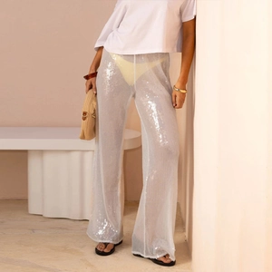 Pantalon Large En Maille Transparente À Paillettes Taille Haute Blanc Pantalon Scintillant Pour Femmes Style Clubwear De Vacances