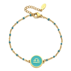 Detail of Libra zodiac stainless steel bracelet with gold chain and turquoise beads