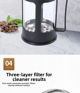 Close-up of three-layer stainless steel filter in a glass French press for coffee