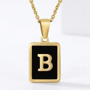 Collier Pendentif Lettre Carrée Acier Inoxydable Plaqué Or 18K Femmes Bijoux Mode Émail Noir Élégant