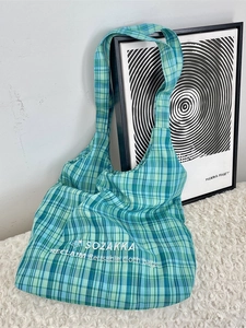 Large capacity plaid canvas tote bag with SOZAKKA embroidery for daily commuting