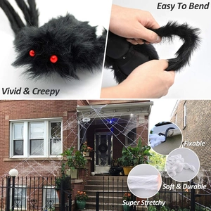 Giant black hairy spider and stretchable white web kit for Halloween outdoor decoration