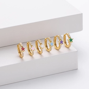 S925 sterling silver gold star earrings with colorful enamel and sparkling zircons