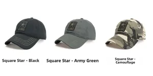 Detailed embroidery of US Army star logo on black, olive green and camouflage caps