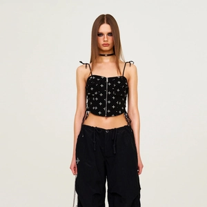 Women Cotton Tank Top Front Zip Cross Embroidery Side Drawstring Cropped Streetwear Gothic Camisole