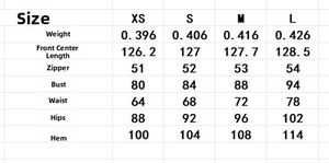 Size chart table for elegant evening dress showing measurements for bust, waist, and hips