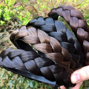 Three chunky braided hairbands in dark brown, light brown, and reddish brown synthetic hair