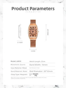 Detailed size chart for rose gold tonneau watch with crystal bezel and magnetic strap