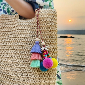 Bohemian style colorful tassel keychain with shells and pompoms for woven bags