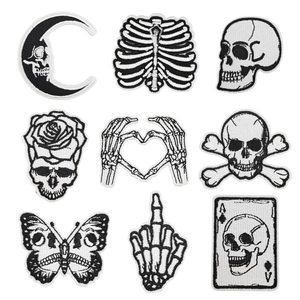 Gothic Skeleton Skull Embroidered Patches Iron On Applique For Clothes DIY Repair Dark Rock Style Black White