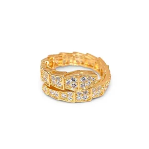 Elegant gold snake-shaped open ring with cubic zirconia scales in a luxury geometric design