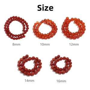 Size comparison chart showing 8mm to 16mm natural red agate beads for DIY jewelry making