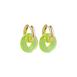 Detail of gold hoops with translucent green resin rings in a minimalist French style
