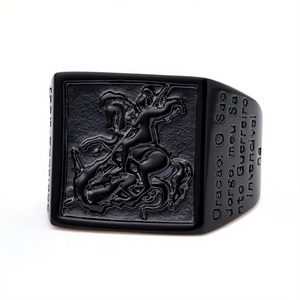 Vintage black stainless steel signet ring with Saint George relief and religious engraving