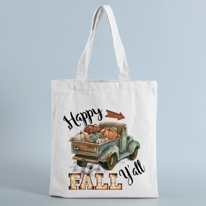 White canvas pumpkin tote bag featuring a vintage blue truck and Happy Fall Y'all print
