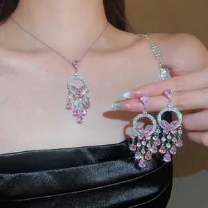 Elegant zircon butterfly tassel necklace and earrings set with pink teardrop crystals