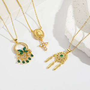 Vintage Zircon Pendant Necklace Gold Plated Brass Emerald Green Waterdrop Feather Tassel Cross Jewelry For Women