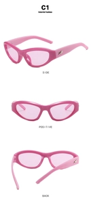 Detail view of pink Y2K sunglasses with silver star hardware and sporty wraparound frame