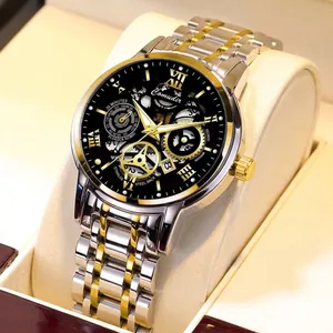 Men Automatic Mechanical Watch Skeleton Luminous Waterproof Stainless Steel Strap Luxury Fashion Wristwatch Roman Numerals