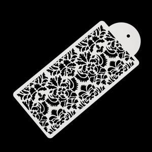 White damask flower cake stencil with intricate floral patterns for baking and DIY