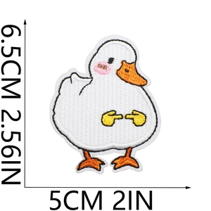 Detail view of cartoon duck embroidery patch with dimensions 6.5cm x 5cm shown clearly